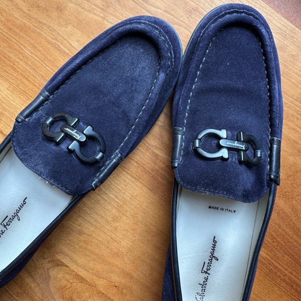 Salvatore Ferragamo Navy Suede Moccasins with Black Gancini Hardware